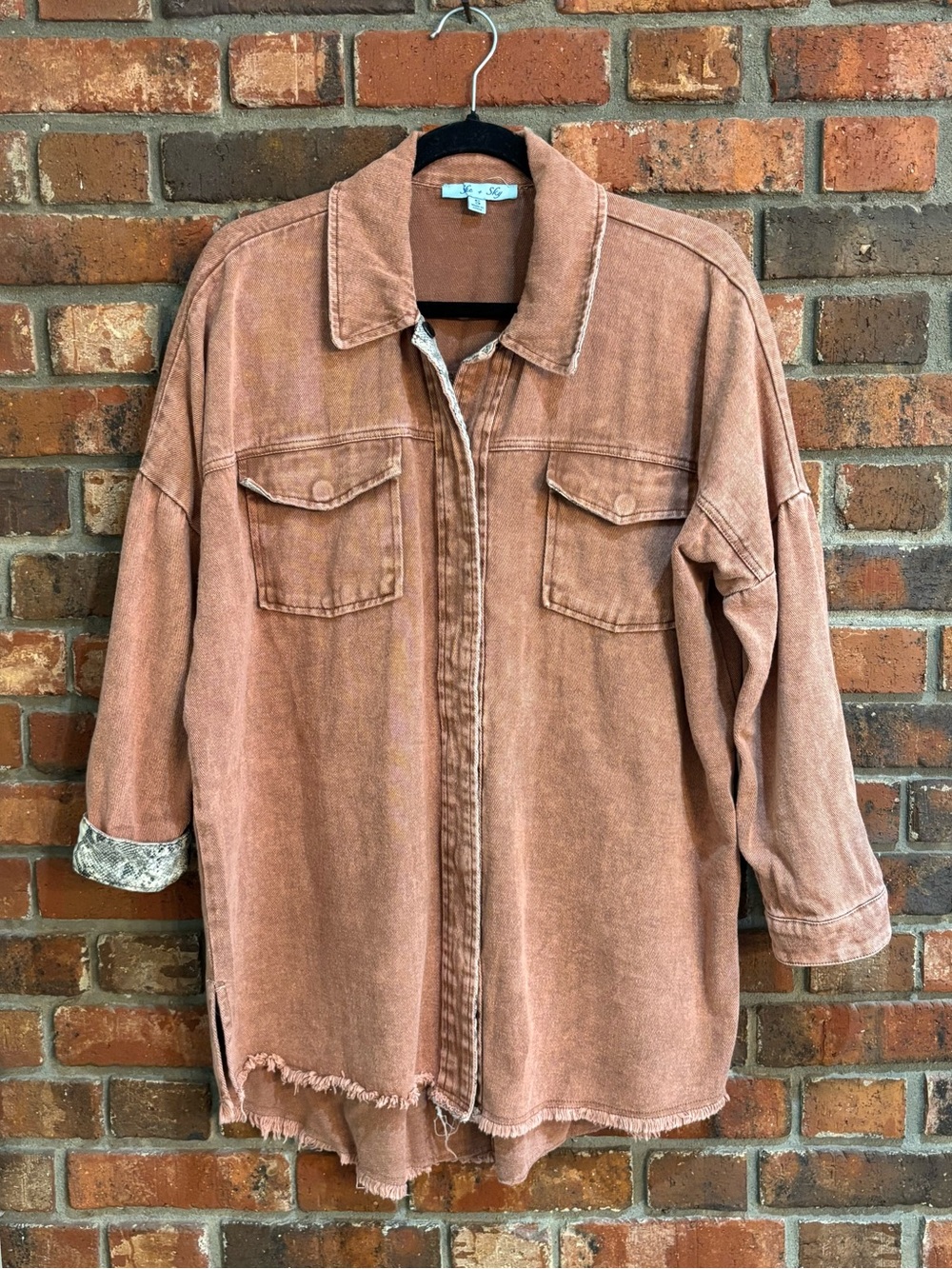 She + Sky womens snake print cuffs raw hem denim shacket burnt orange S